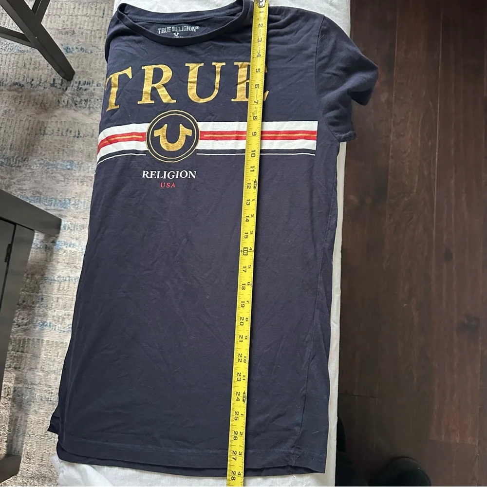 True Religion Navy Graphic Logo T-Shirt Gold Foil USA Tee Size L